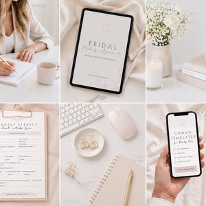 May include: A styled stock photo showing a workspace with a tablet displaying a "Bridal Makeup Agreement", a clipboard with a "Makeup Service" form, and a phone with "Canva Templates for Beauty Shop". The scene includes a keyboard, mouse, and stationery.