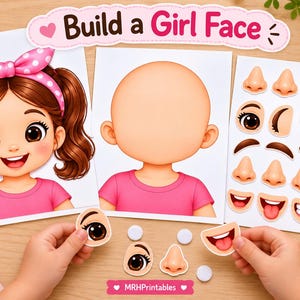 Op de afbeelding: Een Build a Girl Face activiteitenset met een vel met een voltooid meisjesfiguur, een leeg gezichtssjabloon en een vel met uitknipbare gelaatstrekken zoals ogen, neuzen en monden. Het meisje heeft bruin haar en een roze strik.