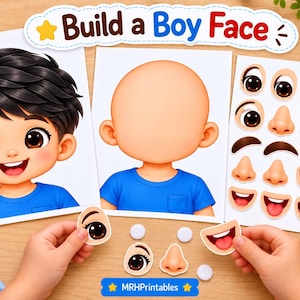 May include: A printable activity set titled Build a Boy Face featuring a blank cartoon head, a completed example with dark hair and a blue shirt, and a sheet of interchangeable facial features including eyes, noses, and mouths for customization.