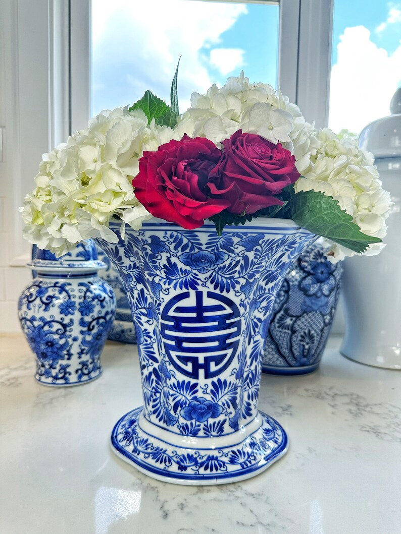 Blue & White Chinoiserie Vase/large Fluted Floral Bombay Etsy