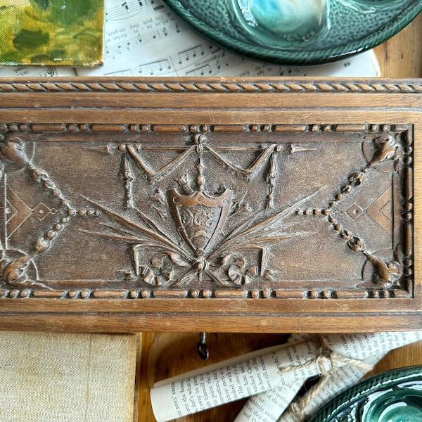 Antique French Walnut Carved Jewelry Box With Key & Monogram “ME”