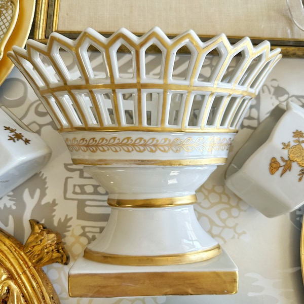 Vintage Reticulated White Porcelain Basket/Bowl With Hand Painted Gilt Gold Detail & Liner