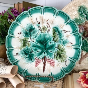 Antique French Sarreguemines Majolica Pink & Green Leaf and Vine Plate