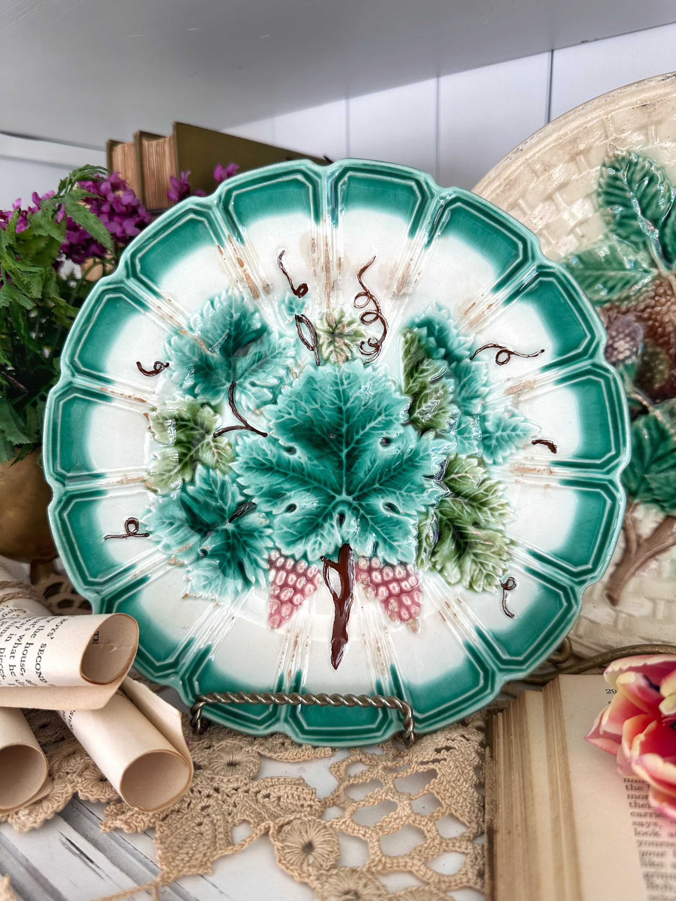 Antique French Sarreguemines Majolica Pink & Green Leaf and Vine