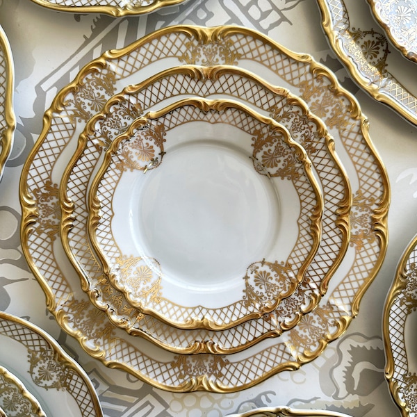 Bread Plates/Appetizer Plates/Set of 2 Vintage Edelstein Bavaria German Porcelain China/Empire Pattern In Gilt Gold & White