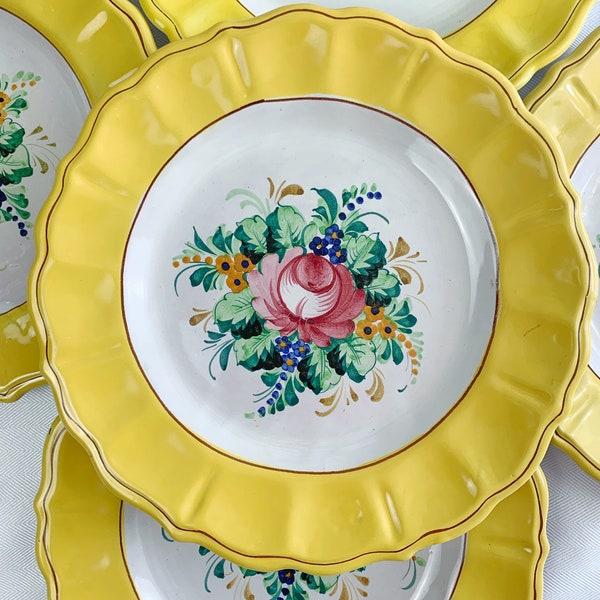 Italian Pottery Plates/Hand Painted Floral Design With Yellow Scalloped Border