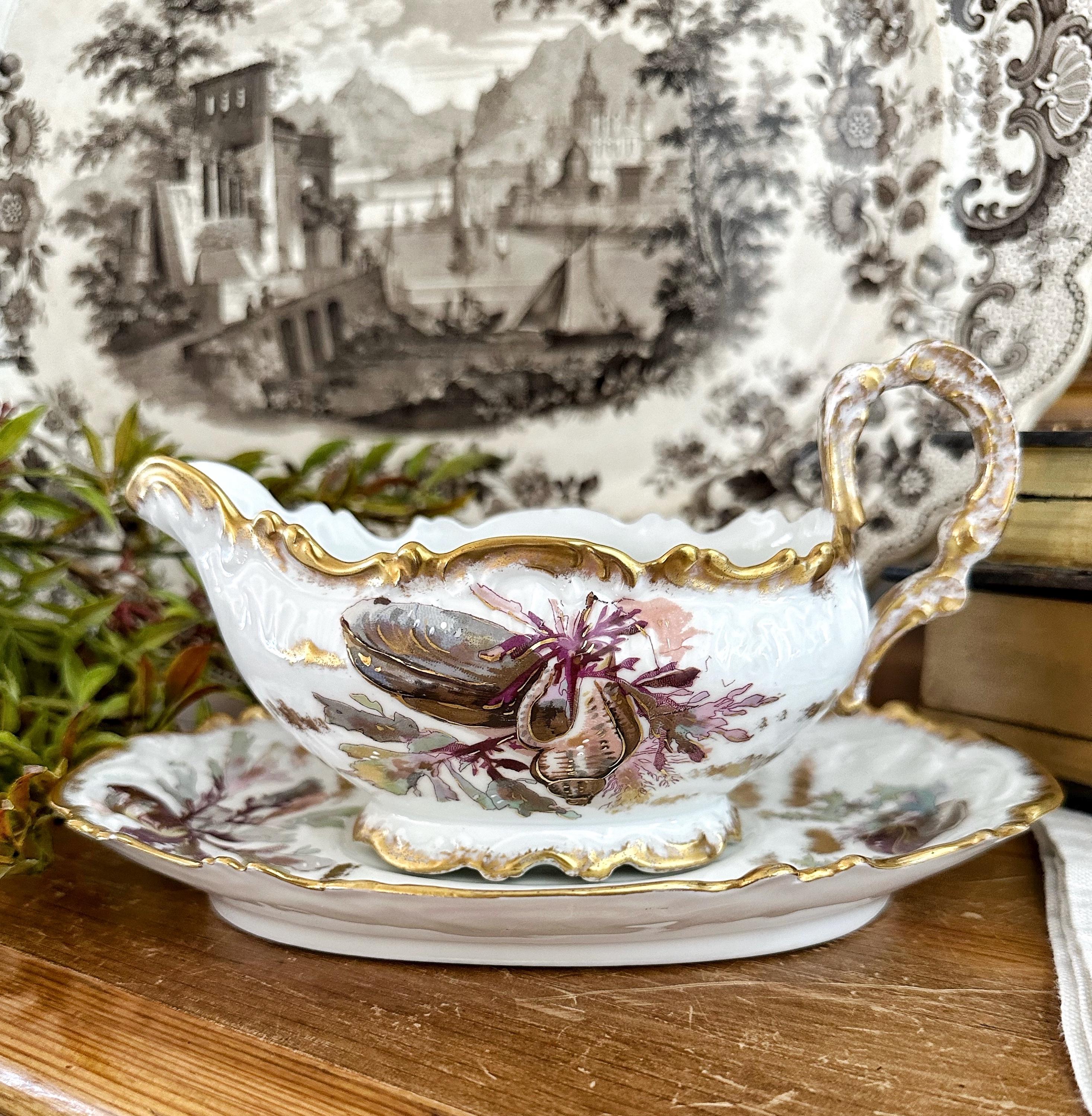 Limoges Gravy Boat Antique AK France Limoges Ornate Nautilus Sauce
