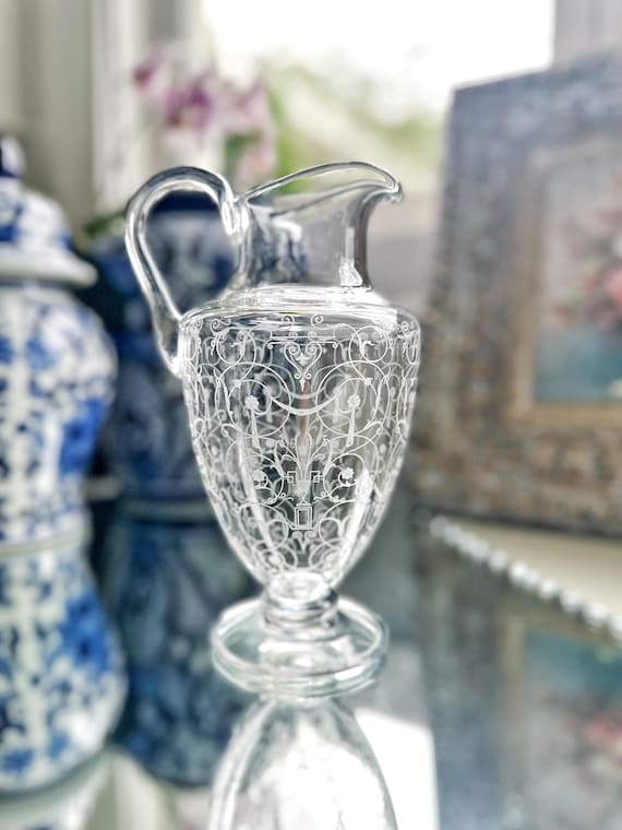 Baccarat French Crystal Pitcher Etched Michelangelo Art Deco Hand