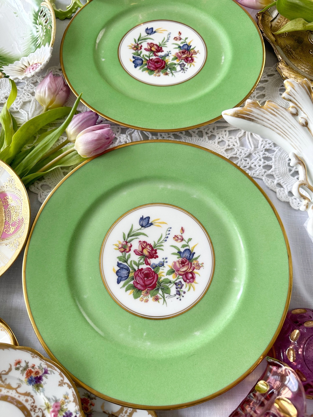 French Limoges Dinner Plate Set Floral With Green Border - Etsy