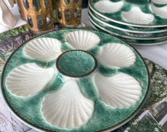 Vintage French Longchamp Majolica Oyster Plate/Green & White Shell/ Basketweave Design