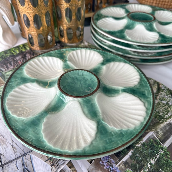 Vintage French Longchamp Majolica Oyster Plate/Green & White Shell/ Basketweave Design