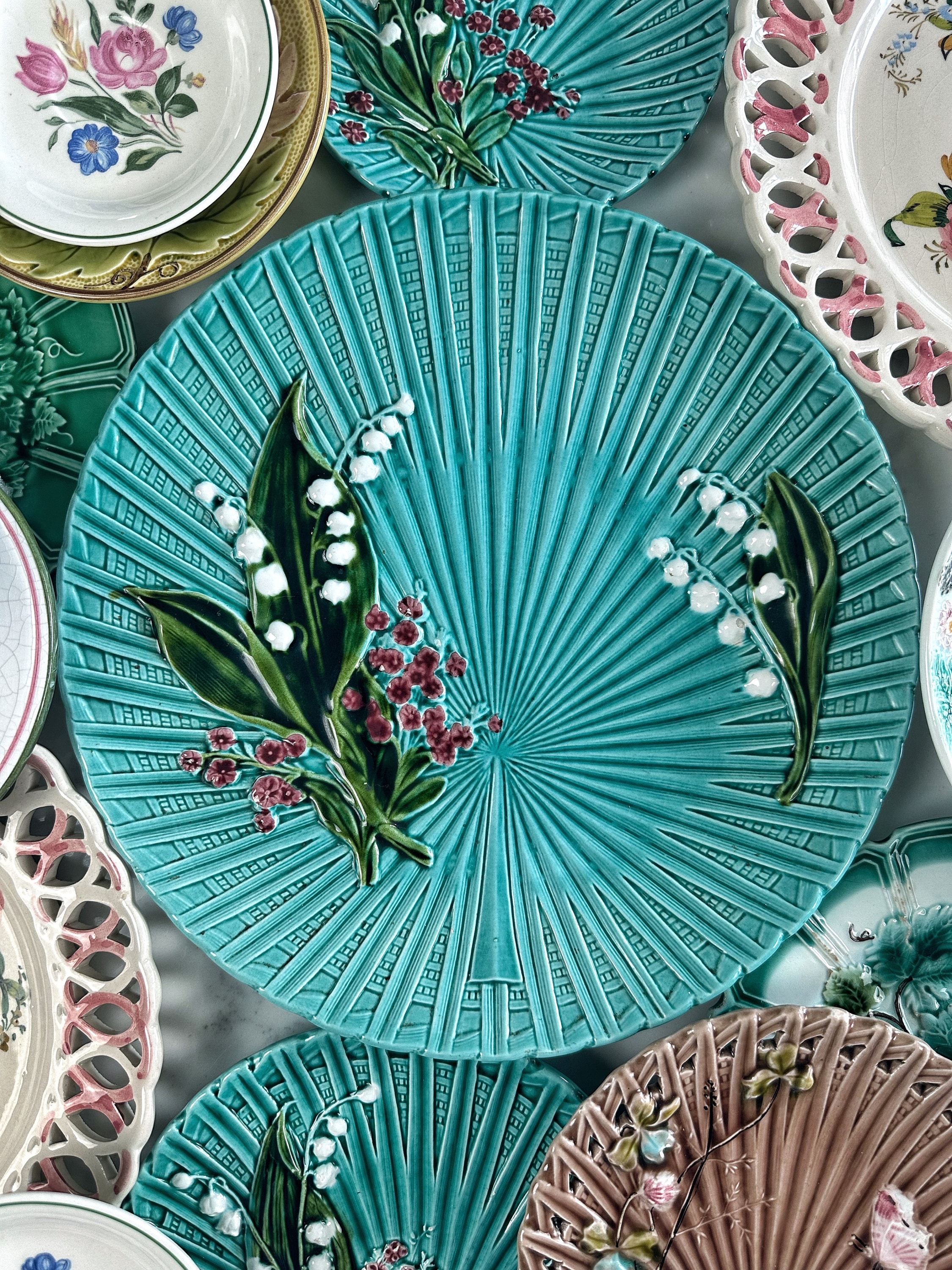 Vintage Majolica Lily of the Valley Platter: German Marie Louise
