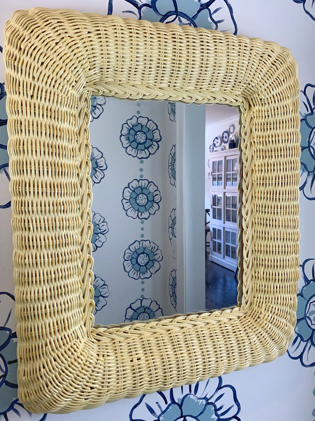 Vintage Wicker Mirror in Pale Yellow/rattan/basketweave Etsy