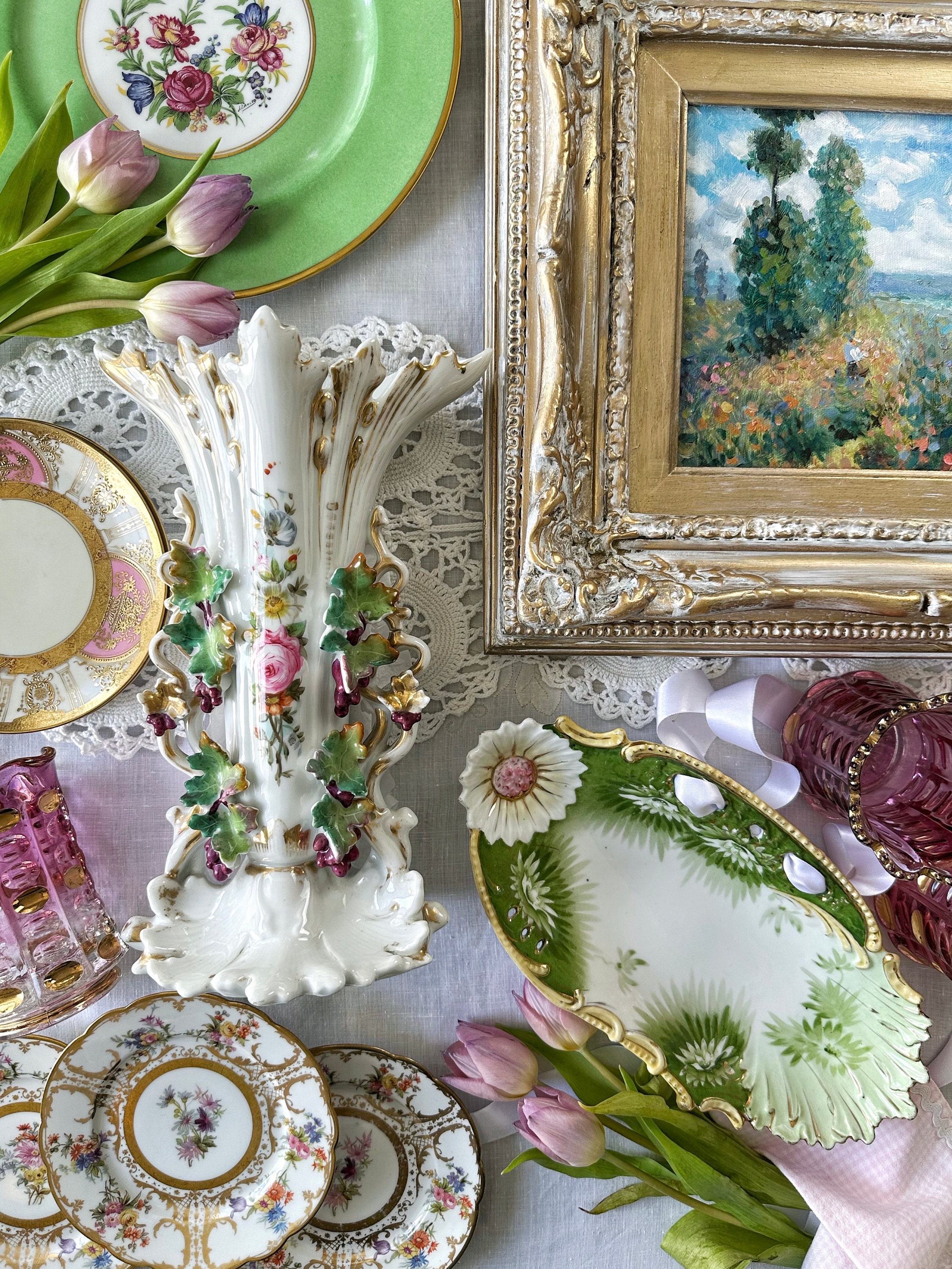 French Limoges Dinner Plate Set Floral With Green Border - Etsy