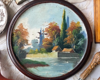 Vintage Original Painting European Countryside On Round Bread Board