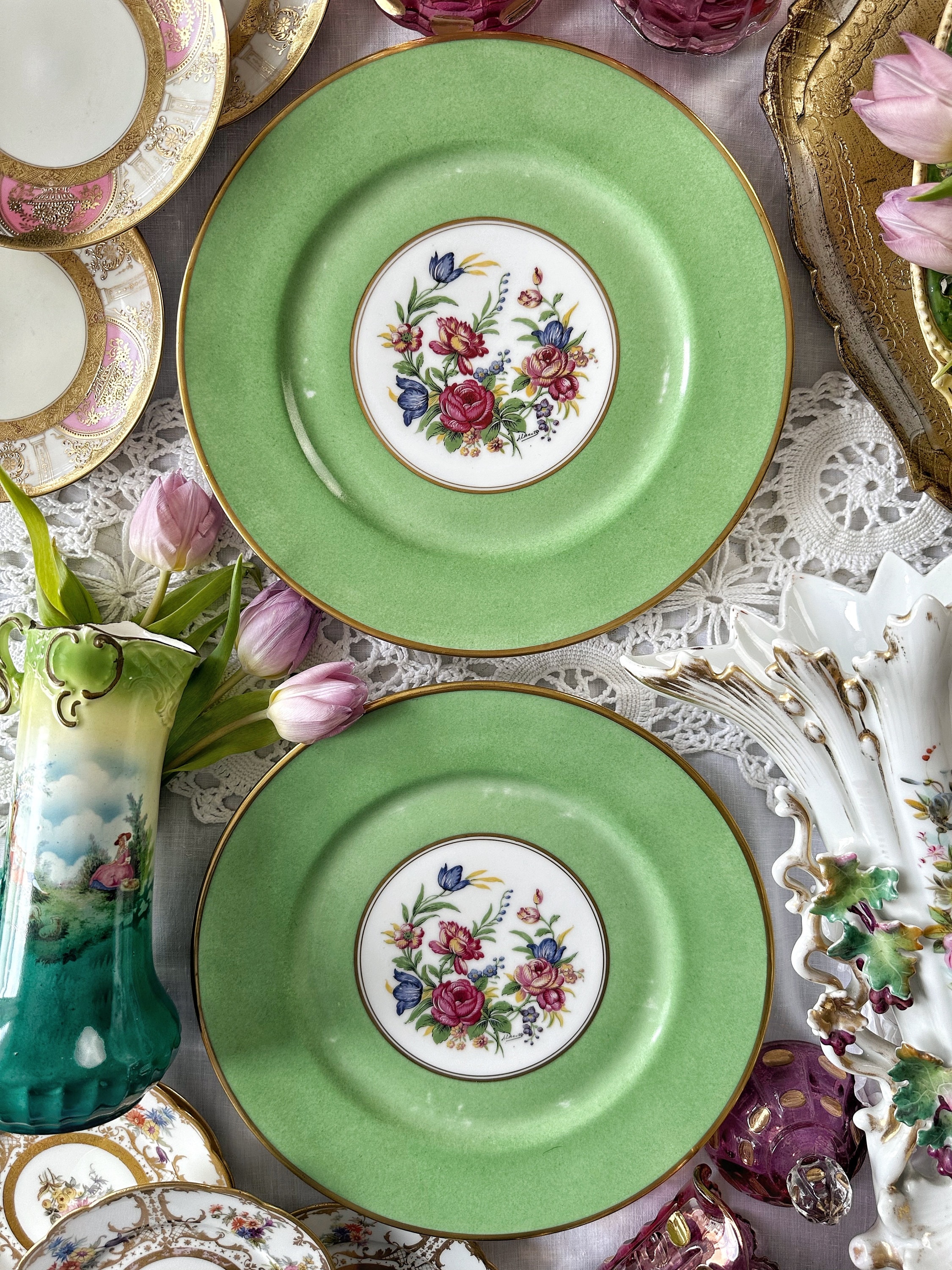 French Limoges Dinner Plate Set Floral With Green Border - Etsy