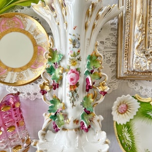 Old Paris Antique Vase French Vieux Paris Vase Porcelain Flowers Ornate Pink And Green