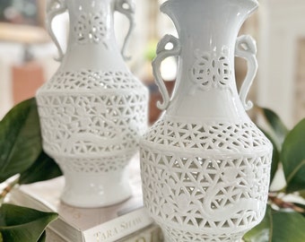 Mid Century Blanc De Chine Reticulated Vases/Pair Of White Urn Shaped Vases