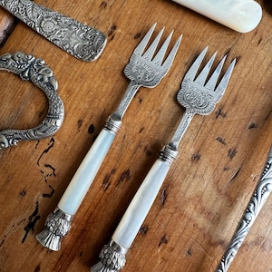 English Fork Pair Mother Of Pearl And Silver Plated Miniature Ornate Fork Set