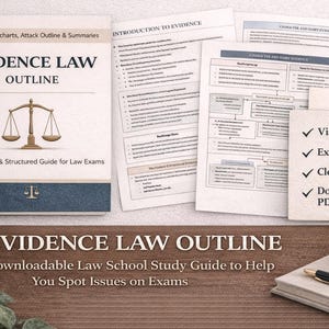 May include: A spiral-bound "Evidence Law Outline" book with a gold scale illustration, alongside study sheets and a pen. The book cover reads "Visual Flowcharts, Attack Outline & Summaries". The text "Downloadable Law School Study Guide" is also visible.