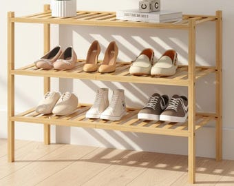 3 Tier Bamboo Shoe Rack, Stackable Entryway Organizer, Modern Closet Storage Shelf