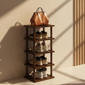 May include: A dark brown wooden shoe rack with five shelves, holding various sneakers and a tan handbag. The rack is positioned against a light-colored wall, with a shadow cast across it.