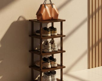 Tall Narrow Bamboo Shoe Rack, 5 Tier Organizer for Small Spaces, Stackable Skinny Shelf