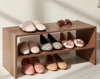 Modern Walnut Wood 2 Tier Shoe Rack, Stackable Entryway Bench