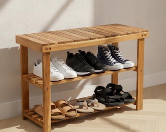 Natural Acacia Wood Shoe Rack Bench, 3 Tier Entryway Shoe Organizer, Solid Wood Storage Bench for home decor