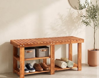 2 Tier Acacia Wood Shoe Rack Bench with Storage, Entryway Shoe Rack with Seat, Wooden Shoe Organizer for Home Decor