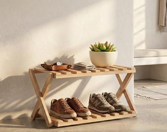 Petit range-chaussures en bambou à 2 niveaux, rangement pour chaussures pliant, étagère de rangement pour chaussures portable