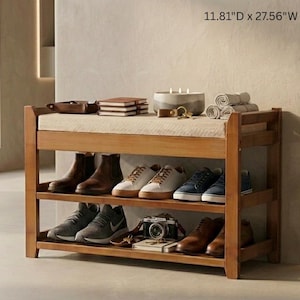 Banc de rangement pour chaussures avec coussin pour entrée, rangement pour chaussures en bambou, rangement pour chaussures en bois pour décoration d'intérieur image 2