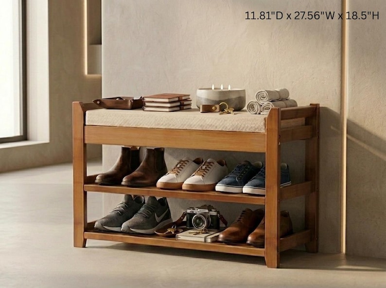 Banc de rangement pour chaussures avec coussin pour entrée, rangement pour chaussures en bambou, rangement pour chaussures en bois pour décoration d'intérieur image 2