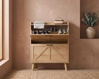 Meuble à chaussures étroit en bois avec 2 tiroirs, meuble de rangement pour chaussures d'entrée, organisateur de chaussures étroit, étagère à chaussures naturelle