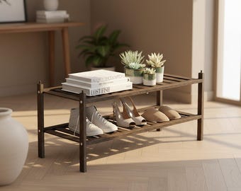 2 Tier Bamboo Shoe Rack, Stackable Wooden Shelf Organizer, Entryway Closet Storage, 27.2"x11"x13.2" (Mocha)