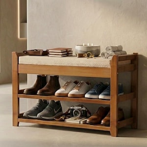 Peut inclure: Un meuble &agrave; chaussures rectangulaire en bois avec une assise rembourr&eacute;e beige sur le dessus. L'unit&eacute; dispose de deux &eacute;tag&egrave;res ouvertes contenant diverses paires de chaussures, dont des bottes marron, des baskets blanches, bleues et grises, un appareil photo.