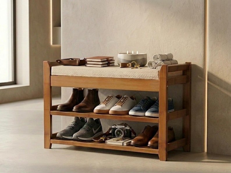 Peut inclure: Un meuble &agrave; chaussures rectangulaire en bois avec une assise rembourr&eacute;e beige sur le dessus. L'unit&eacute; dispose de deux &eacute;tag&egrave;res ouvertes contenant diverses paires de chaussures, dont des bottes marron, des baskets blanches, bleues et grises, un appareil photo.