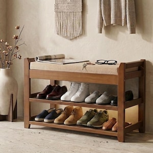 Banc de rangement pour chaussures avec coussin pour entrée, rangement pour chaussures en bambou, rangement pour chaussures en bois pour décoration d'intérieur image 8