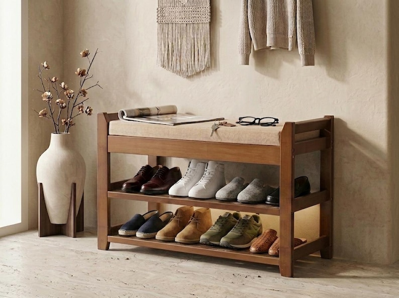 Banc de rangement pour chaussures avec coussin pour entrée, rangement pour chaussures en bambou, rangement pour chaussures en bois pour décoration d'intérieur image 8