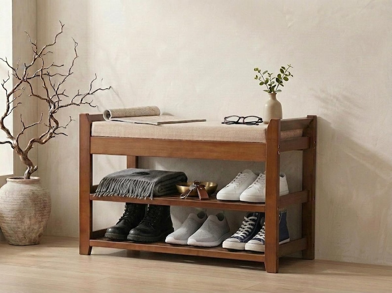 Banc de rangement pour chaussures avec coussin pour entrée, rangement pour chaussures en bambou, rangement pour chaussures en bois pour décoration d'intérieur image 10