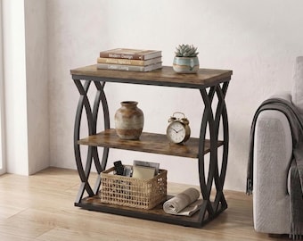 Table d'appoint rustique étroite à 3 niveaux avec étagère de rangement, table de chevet industrielle pour salon, chambre ou canapé.