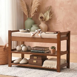 Banc de rangement pour chaussures avec coussin pour entrée, rangement pour chaussures en bambou, rangement pour chaussures en bois pour décoration d'intérieur image 11