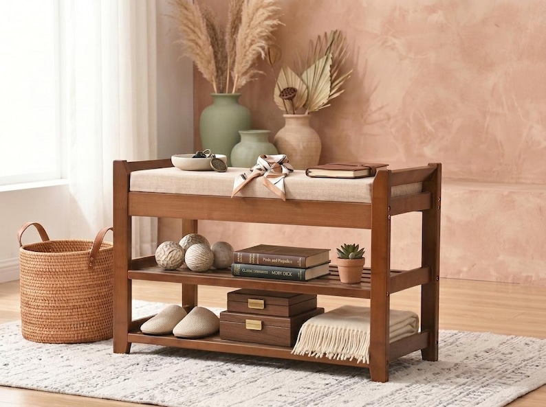 Banc de rangement pour chaussures avec coussin pour entrée, rangement pour chaussures en bambou, rangement pour chaussures en bois pour décoration d'intérieur image 11
