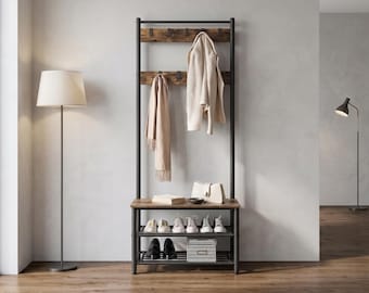Banc de rangement pour chaussures unique 3 en 1, porte-manteau industriel avec 9 crochets, organisateur de rangement pour chaussures dans l'entrée