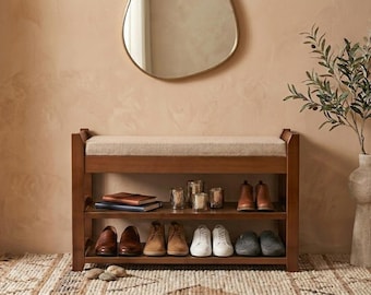 Entryway Shoe Rack Bench with Cushion, Bamboo Shoe Storage Rack, Wooden Shoe Rack for Home Decor