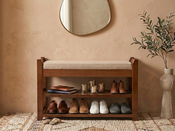 Entryway Shoe Rack Bench with Cushion, Bamboo Shoe Storage Rack, Wooden Shoe Rack for Home Decor
