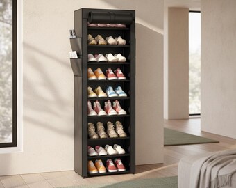 10 Tier Metal Shoe Rack with Dust Cover, Tall Entryway Storage Shelf