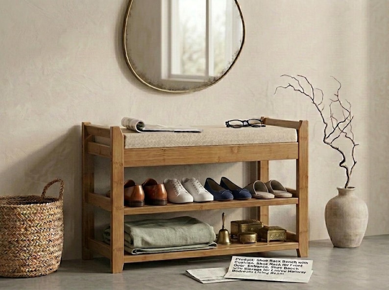 Peut inclure: Un banc &agrave; chaussures en bambou avec un coussin d'assise beige. Le meuble dispose de deux &eacute;tag&egrave;res ouvertes de rangement, contenant actuellement plusieurs paires de chaussures, un textile vert pli&eacute; et de petits objets d&eacute;coratifs.