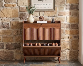 Meuble à chaussures cannelé en bois, meuble de rangement à chaussures étroit pour entrée, étagère à chaussures moderne pour couloir avec tiroirs rabattables