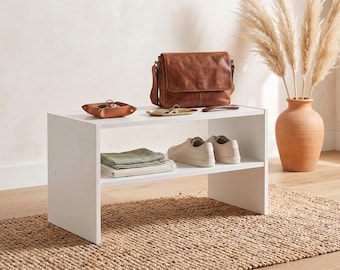 Rangement à chaussures en bois blanc à 2 étagères, organisateur de chaussures unique pour la décoration intérieure, étagère de rangement pour chaussures dans l'entrée, support à chaussures en bois peu encombrant